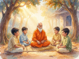 Guru in traditional attire teaches attentive children at a gurukul at dawn — spiritual story about the gods