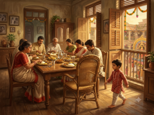 An empty cane chair at a Bengali family's Durga Puja table — Krishna story about grief and loss.