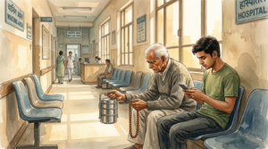 A young man and an elderly stranger wait together in a hospital corridor — Krishna story about surrender and anxiety.