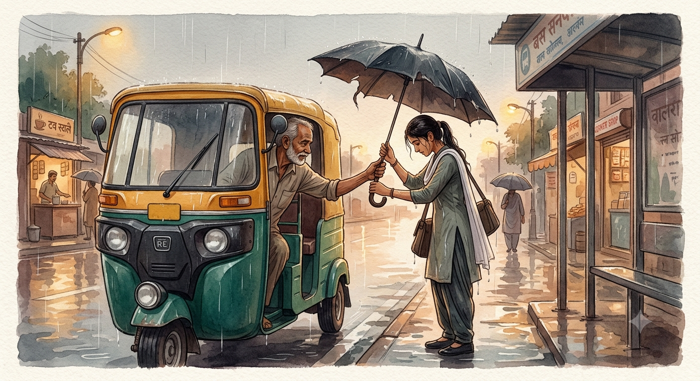 An auto driver gives his umbrella to a teen in the rain — a short spiritual story about karma