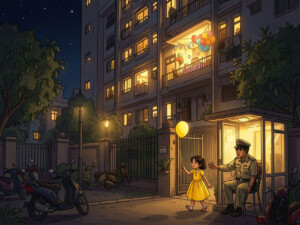 A security guard watching a little girl in a yellow frock near a Mumbai society gate at night — moral story about unseen watchmen