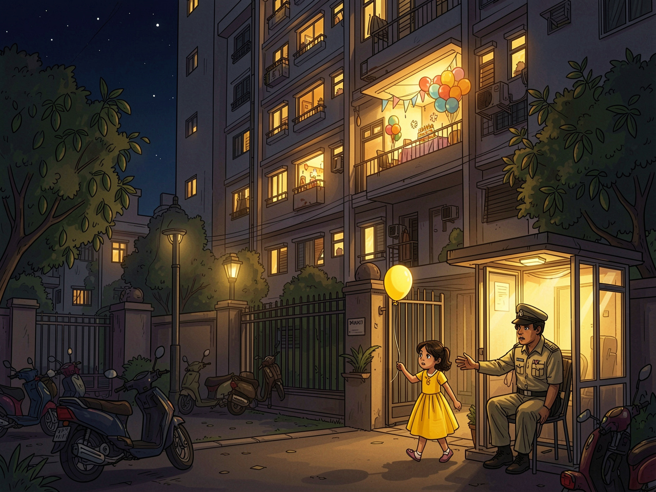 A security guard watching a little girl in a yellow frock near a Mumbai society gate at night — moral story about unseen watchmen