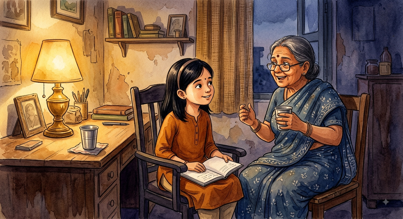Bhoomi listens to Dadi's Krishna butter thief story by lamplight — a moral story about effort over exam marks.