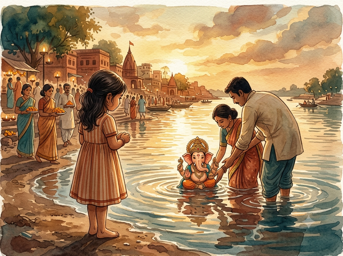 A young girl waves goodbye to a Ganpati idol during visarjan at a riverbank at sunset.