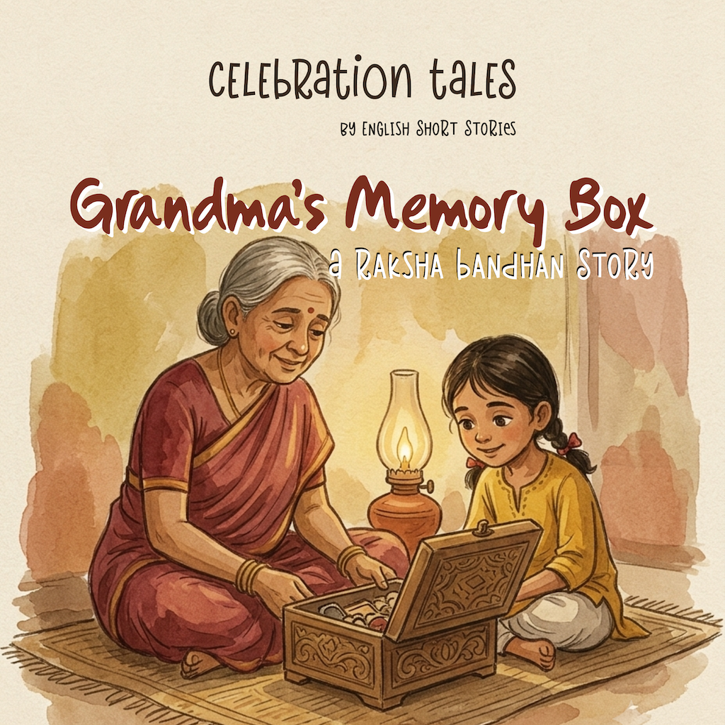 Grandmother and granddaughter looking at an old memory box in this Raksha Bandhan storybook, Grandma's Memory Box