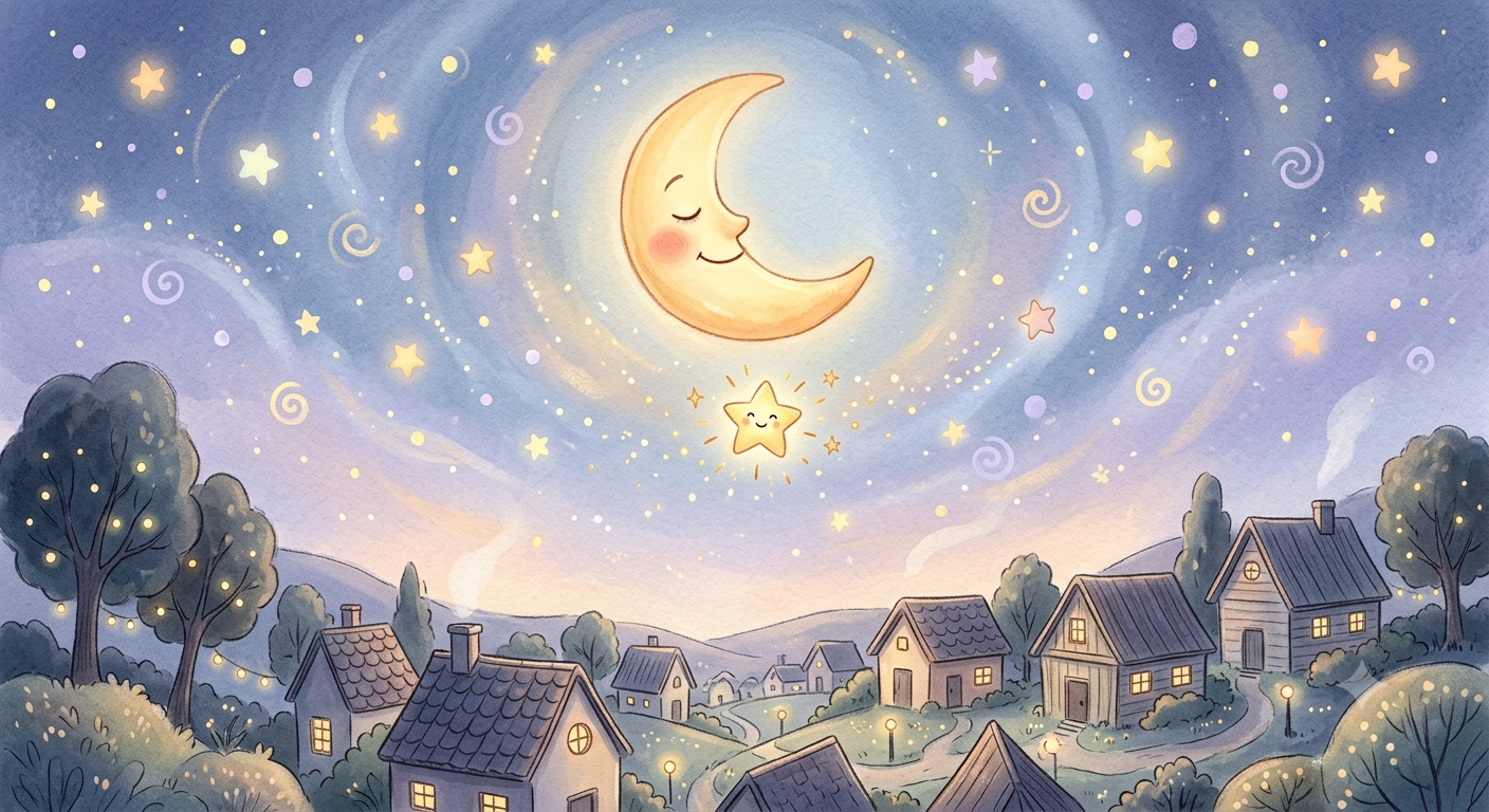 A smiling moon watches a little star twinkle softly in the night sky above a sleepy village.