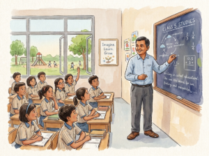 Mr. Deshmukh teaching Class 5 students in a modern Nagpur school while wearing his old stitched brown shoes.