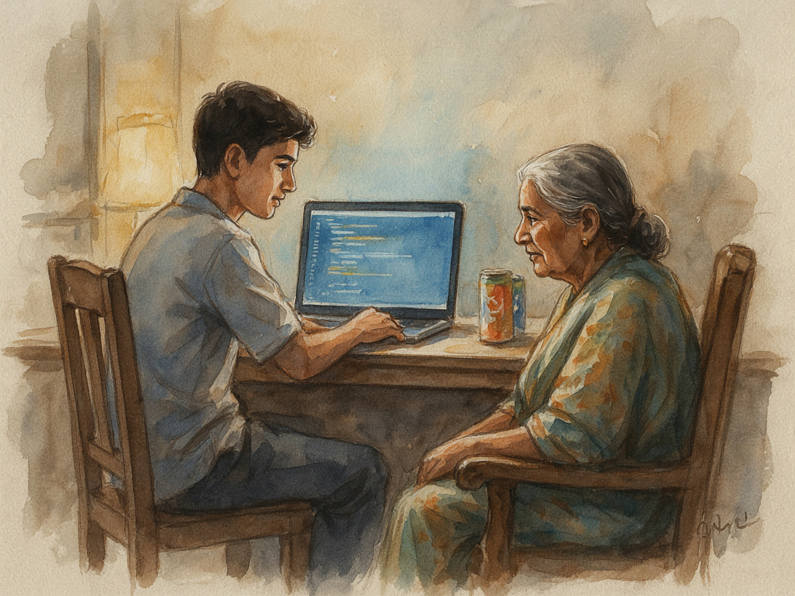 A grandmother sits beside her grandson at his laptop late at night — a Krishna story about effort over outcome.