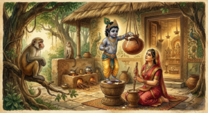 Young Krishna reaches into a cracked butter pot and shares curd with monkeys in a Vrindavan kitchen scene.