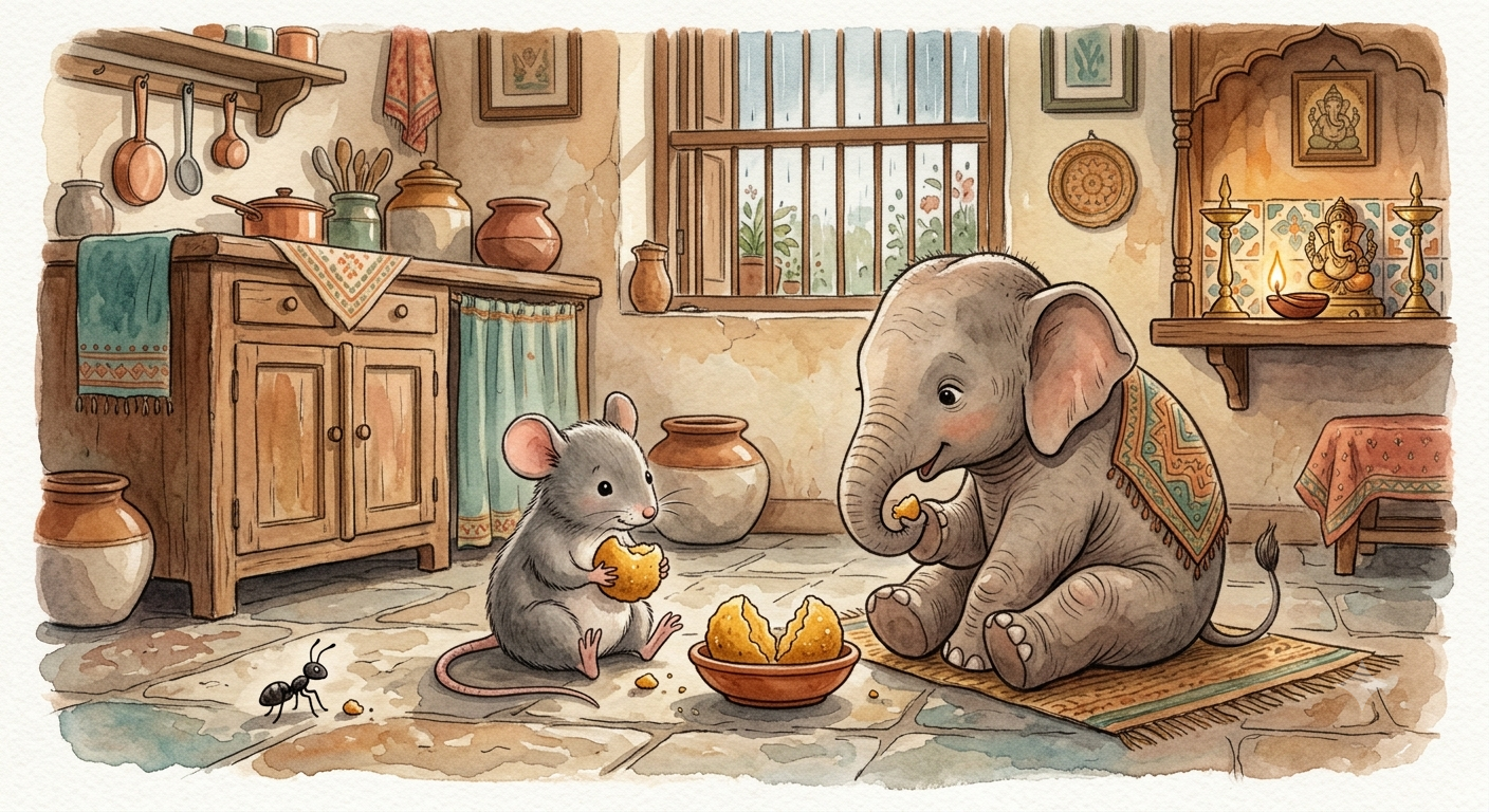A mouse (mushak) and an elephant share a laddoo by lamplight in a Mumbai kitchen bedtime story.