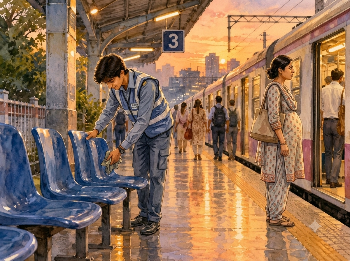 A young railway worker quietly cleaning and arranging blue plastic chairs on Platform Three at a Mumbai local station during a warm sunset, while commuters board a train in a soft watercolor illustration.