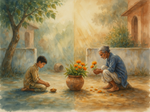 A boy and an old gardener tending a sunlit courtyard garden, a story about seeing things differently.