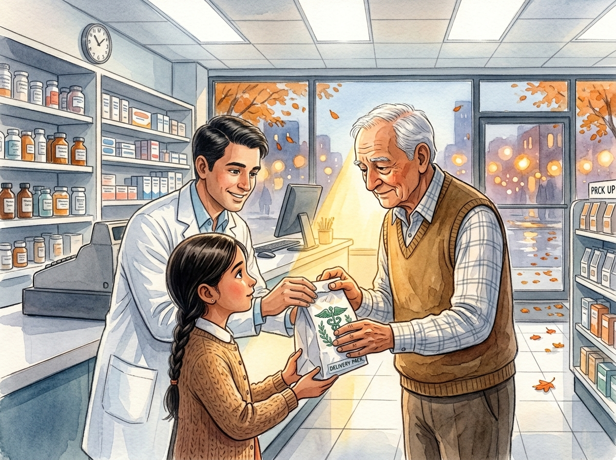 An Indian granddaughter helping her grandfather understand medicine instructions in a pharmacy, shown in a soft watercolor illustration.