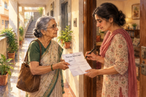 An elderly Indian woman in a simple saree and chappals standing at an apartment door, holding a sheet of paper with one line written on it: "Please pay Sunita's wages." Behind her, a housing society staircase in Mumbai. In the distance, a broom leans against a wall. Warm afternoon light. Watercolour illustration, emotional and restrained.