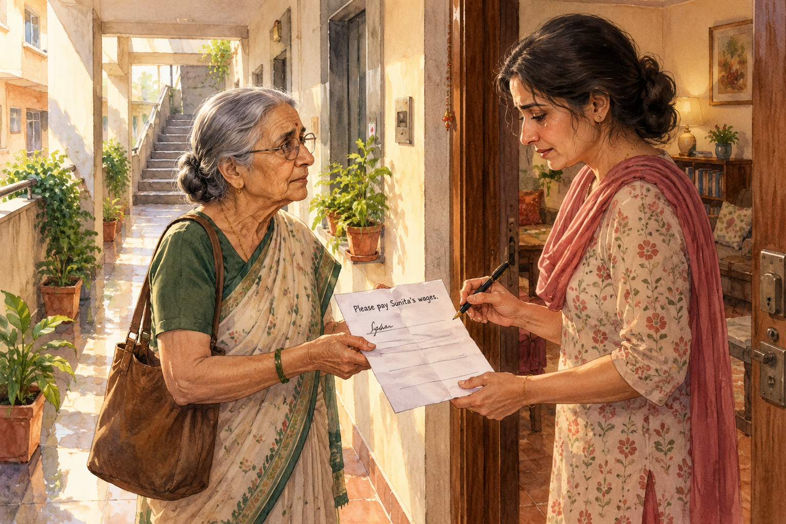 An elderly Indian woman in a simple saree and chappals standing at an apartment door, holding a sheet of paper with one line written on it: "Please pay Sunita's wages." Behind her, a housing society staircase in Mumbai. In the distance, a broom leans against a wall. Warm afternoon light. Watercolour illustration, emotional and restrained.