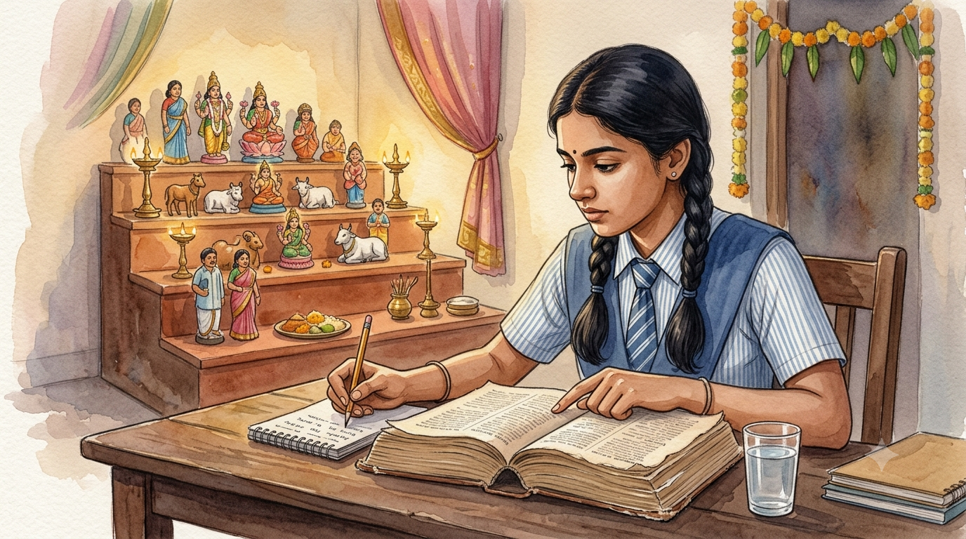 Watercolor illustration of Meenakshi studying an old English dictionary beside a traditional Golu doll display at home.