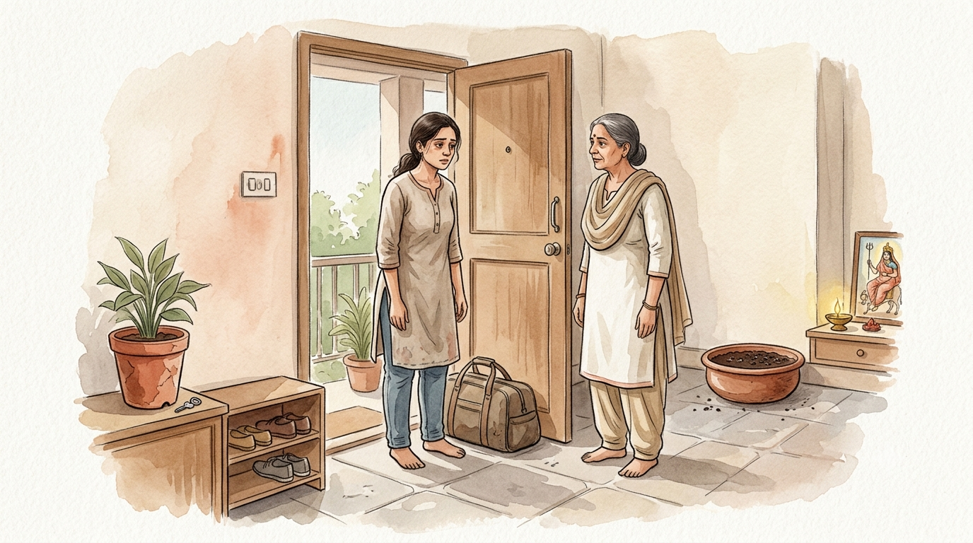 Watercolor illustration of Neha returning to her mother's home with two travel bags, beside a chipped flowerpot and a clay pot of newly sown seeds.