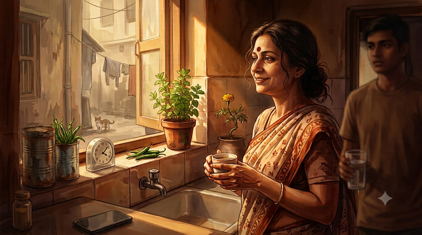 Indian mother Mala standing at her kitchen window over the sink at 4:10 PM, holding a cold cup of tea, looking at an empty lane where the school bus used to stop. Old metal tins with mint, green chillies, and a small crooked marigold sit on the windowsill. Her nineteen-year-old son Arnab stands at the kitchen door, watching her. Warm golden afternoon light falls on the tiled floor. A quiet, emotional scene of waiting and recognition.