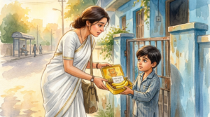 Indian working mother Anjali standing at the gate of her home in the early morning, bending to receive a yellow kindergarten tiffin box from her nine-year-old son Aarav. The boy is in his night suit, hair flat on one side, eyes half asleep. The faded bear on the tiffin lid is visible. Inside: two bananas, raisins, and a folded note in wobbly pencil reading "MA'S LUNCH. EAT IT." Soft golden morning light. A bus stop visible in the far distance. Watercolour illustration, warm palette, tender and emotional.