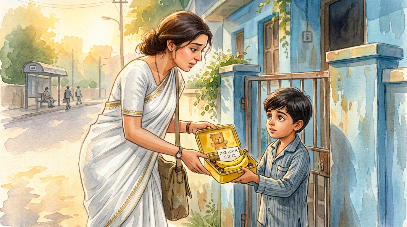 Indian working mother Anjali standing at the gate of her home in the early morning, bending to receive a yellow kindergarten tiffin box from her nine-year-old son Aarav. The boy is in his night suit, hair flat on one side, eyes half asleep. The faded bear on the tiffin lid is visible. Inside: two bananas, raisins, and a folded note in wobbly pencil reading "MA'S LUNCH. EAT IT." Soft golden morning light. A bus stop visible in the far distance. Watercolour illustration, warm palette, tender and emotional.